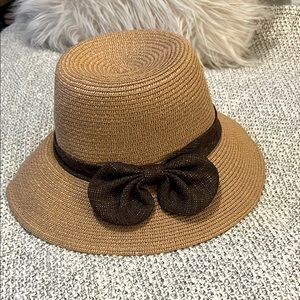 Elegant Brown Bow Woven Tan Sun Bucket Minimalist Brim Straw Hat